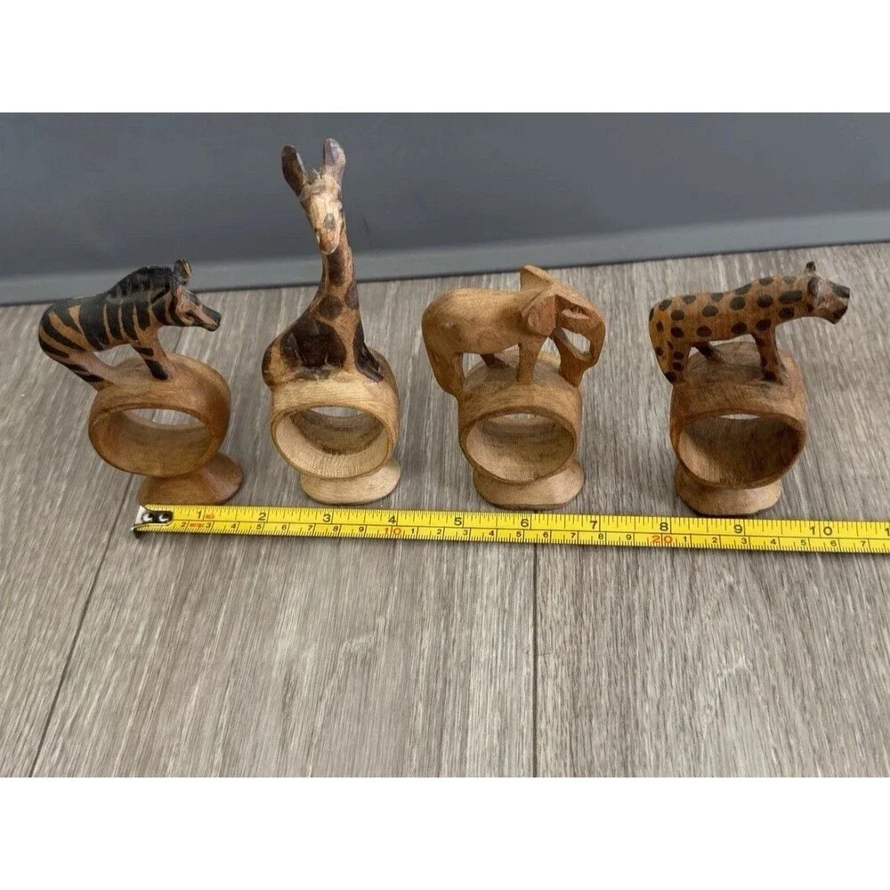 Vintage set of 4 Hand Carved Wooden African Safari Animal Napkin Ring Holders